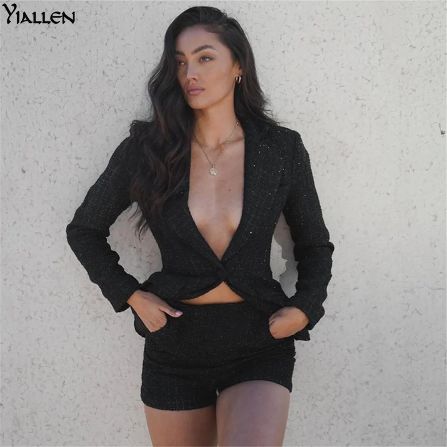 

YiAllen Fashion Outwear Two Piece Set Women Elegant Sexy Long Sleeve Business Suit Top+Stretchy High Waist Pants Outfits Hot