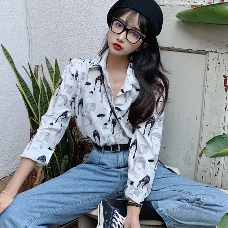 

Autumn Blouse Women Cotton Character Printed Graffiti Blouses Female Tops Streetwear Turn Down Collar Long Sleeve Loose Shirt