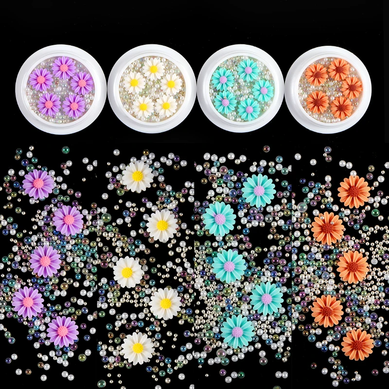 2021 нейл арта в виде небольшой ромашки хлопья микс переливающиеся стеклянные бусы