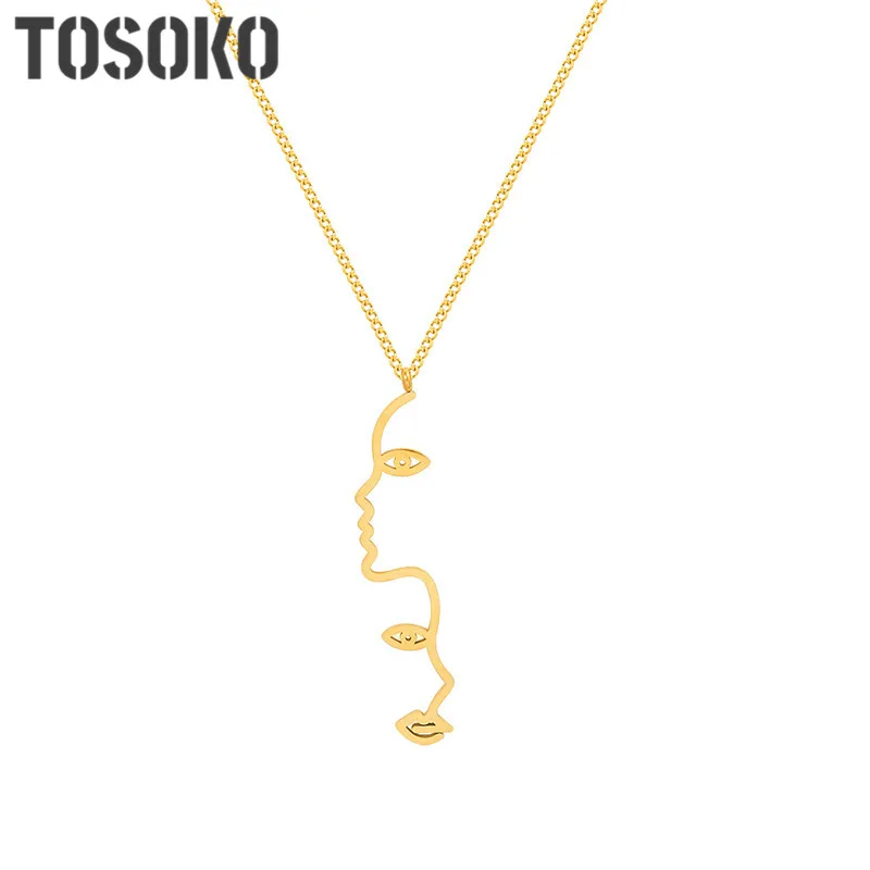 

TOSOKO Stainless Steel Jewelry Exaggerated Personality Outline Face Pendant Necklace Female Hollow Sweater Chain BSP086