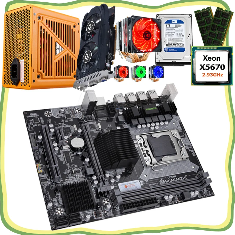 HUANANZHI компьютерная материнская плата DIY X58 с CPU Xeon X5670 кулером RAM 16G(2*8G) видеокарта