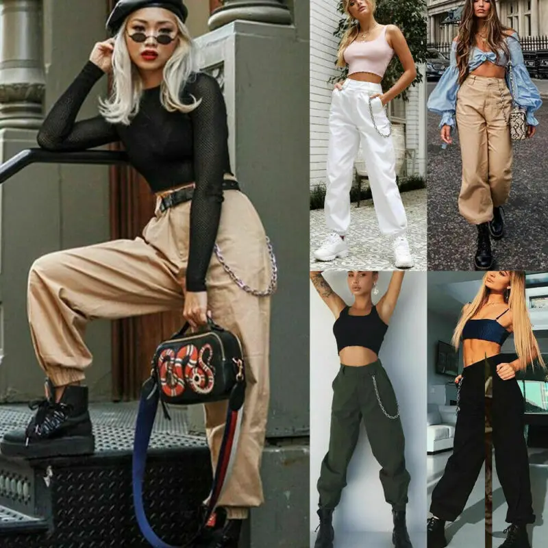 Женские свободные брюки шаровары Meihuida камуфляжные карго в стиле панк черные