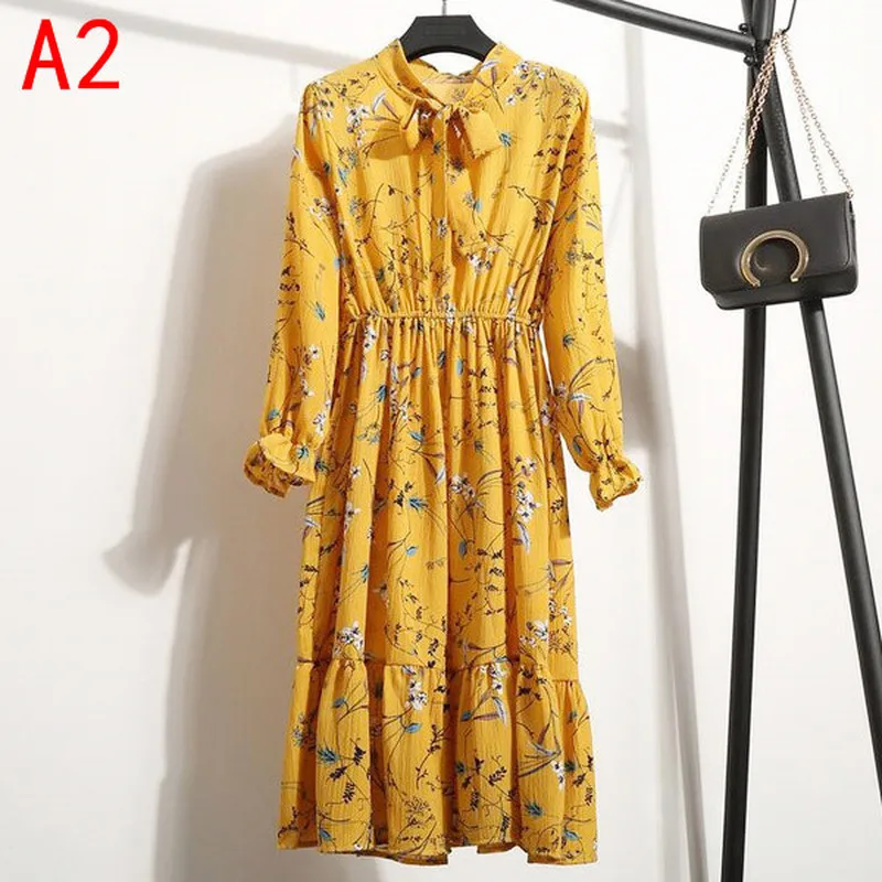 

Floral Long Sleeve Office Polka High Elastic Waist Dress Women Vintage Spring Summer Dresses Chiffon Midi Casual Ladies Vestidos
