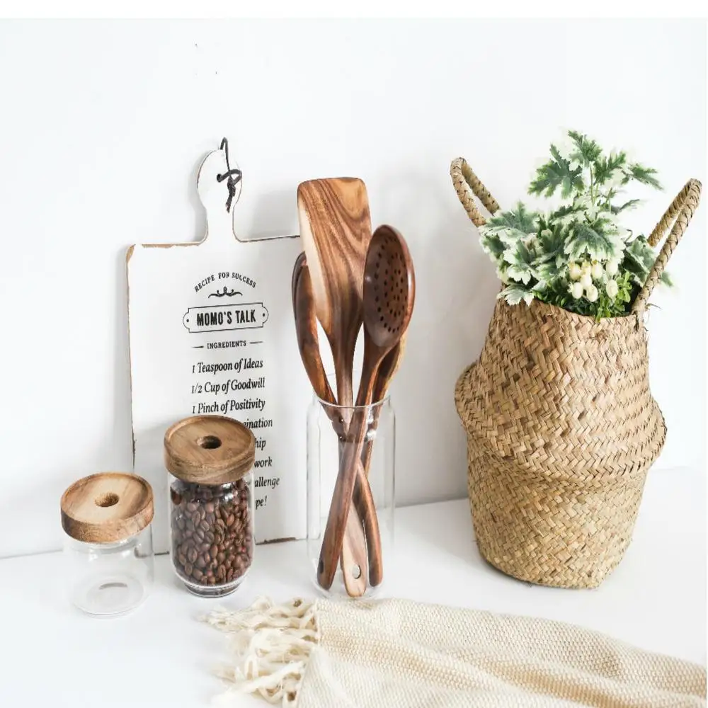 

5 Pieces Large Teak Wood Utensils Wood Cookware With Non-stick Cookware Holder Wooden Spatula Ladle Cooking Spoon