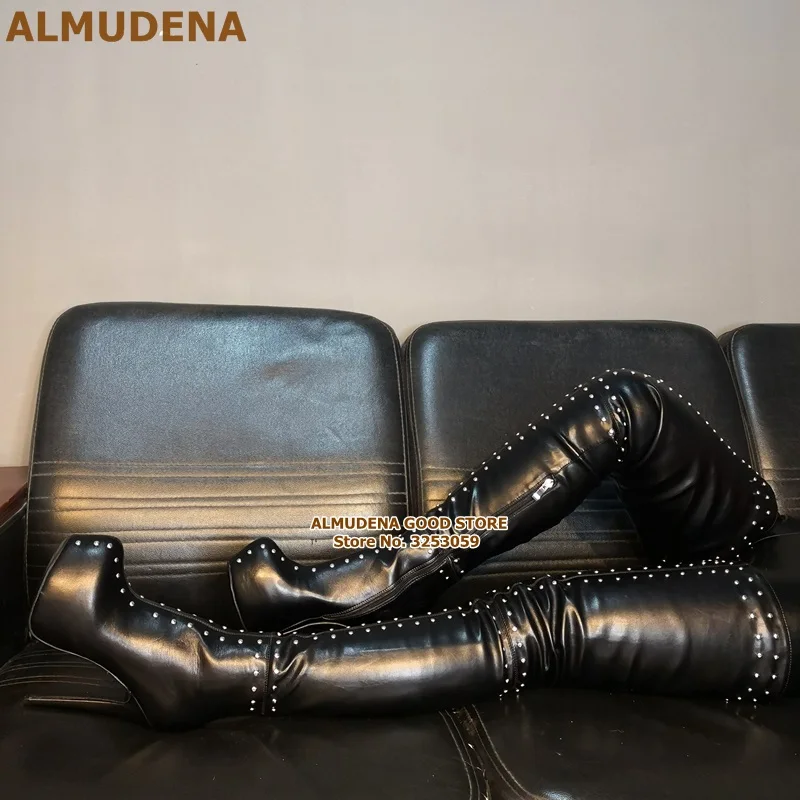 ALMUDENA Silver Studded Over Knee Long Boots Sexy Stiletto Heels Pointed Toe Thigh Metallic Punk Rivets Tall Size47 | Обувь