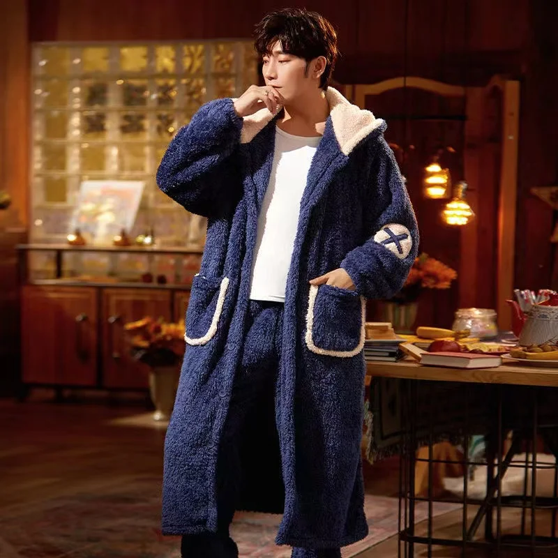 Men's Pajamas Set Winter Coral Velvet Thicken Warm Soft Nightgown Suits Plus Size Fashion Sleepwear For Men