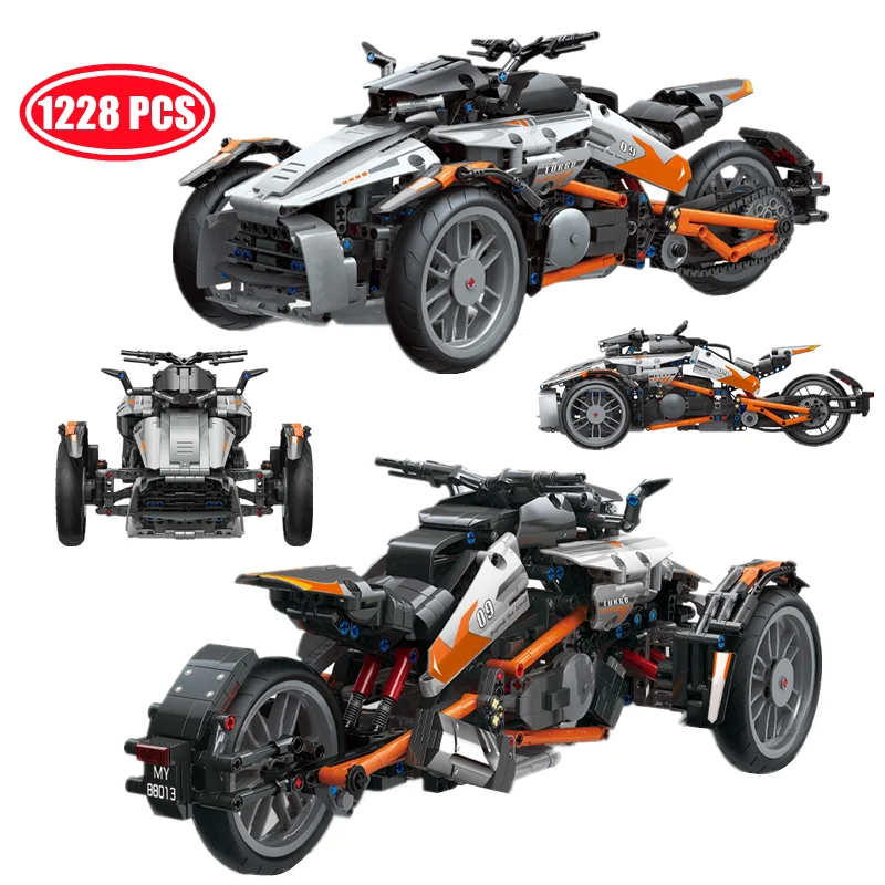 

1228 шт. техническая брикет, модель мотоцикла с тремя колесами, строительные блоки MOC, сборные кирпичи, игрушки для мальчиков, подарки на день р...