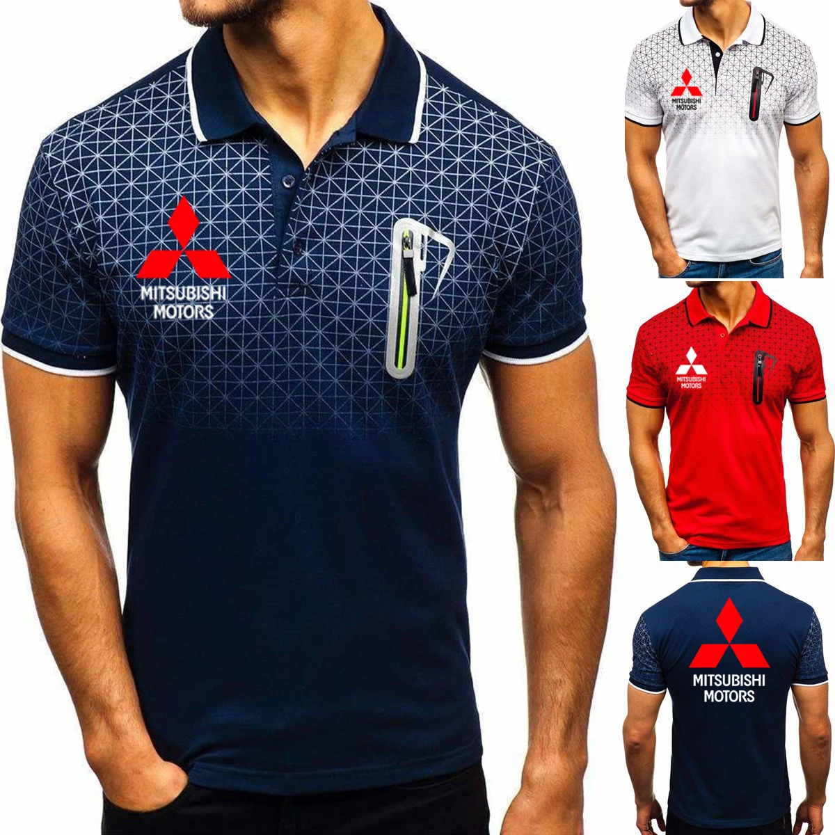 

Casual trend Summer Mens polo shirt Mitsubishi Car Logo Printing Gradient Cotton tops high quality Mens short sleeve
