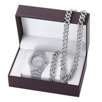 luxury men woman watch set hip hop necklace bracelet watches cuban chain gold color bling jewelry watch set for men lady gift