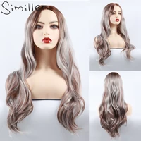 similler wave women long synthetic wig high temperature fiber dark root brown grey ombre wigs for daily use central part