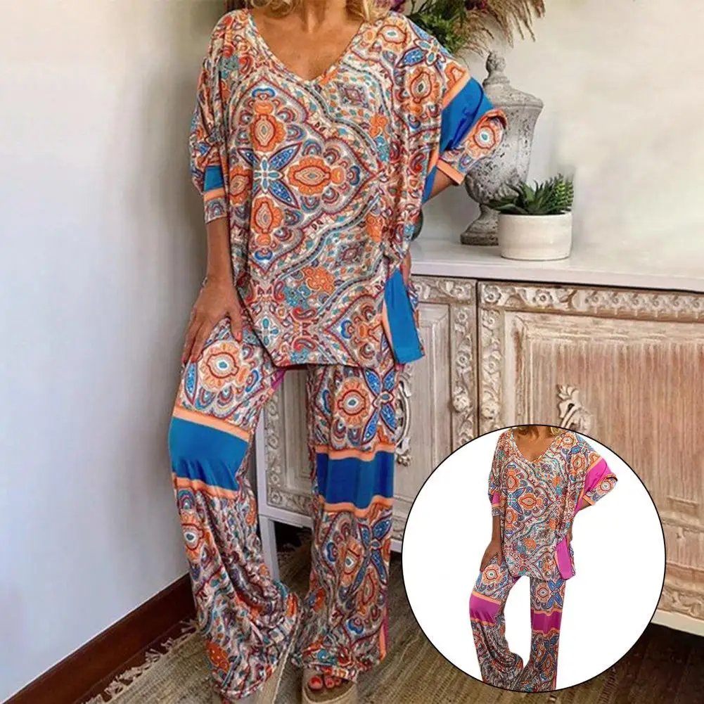 

Women Loose Top Pants Suit 2021 Suit Half Sleeve V-neck Print Top Straight Pants Suit for Daily Life