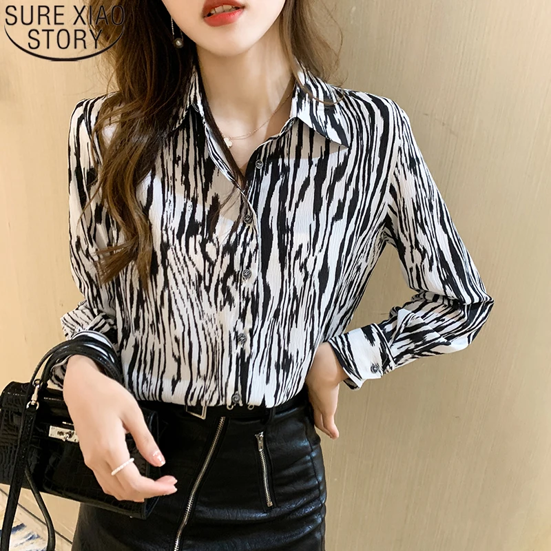 

Elegant Zebra Stripes Shirt Office Lady Long Sleeve Shirts Women Blouses 2023 Autumn New Vintage Hong Kong Style Shirt 16977