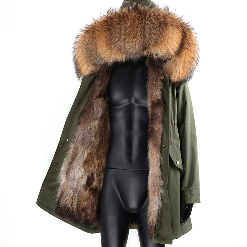 Winter Men Casual Long Jacket Coat Real Raccoon Fur Collar Hooded Coat Thick Warm Mens Parka Male Fashion Streetwear