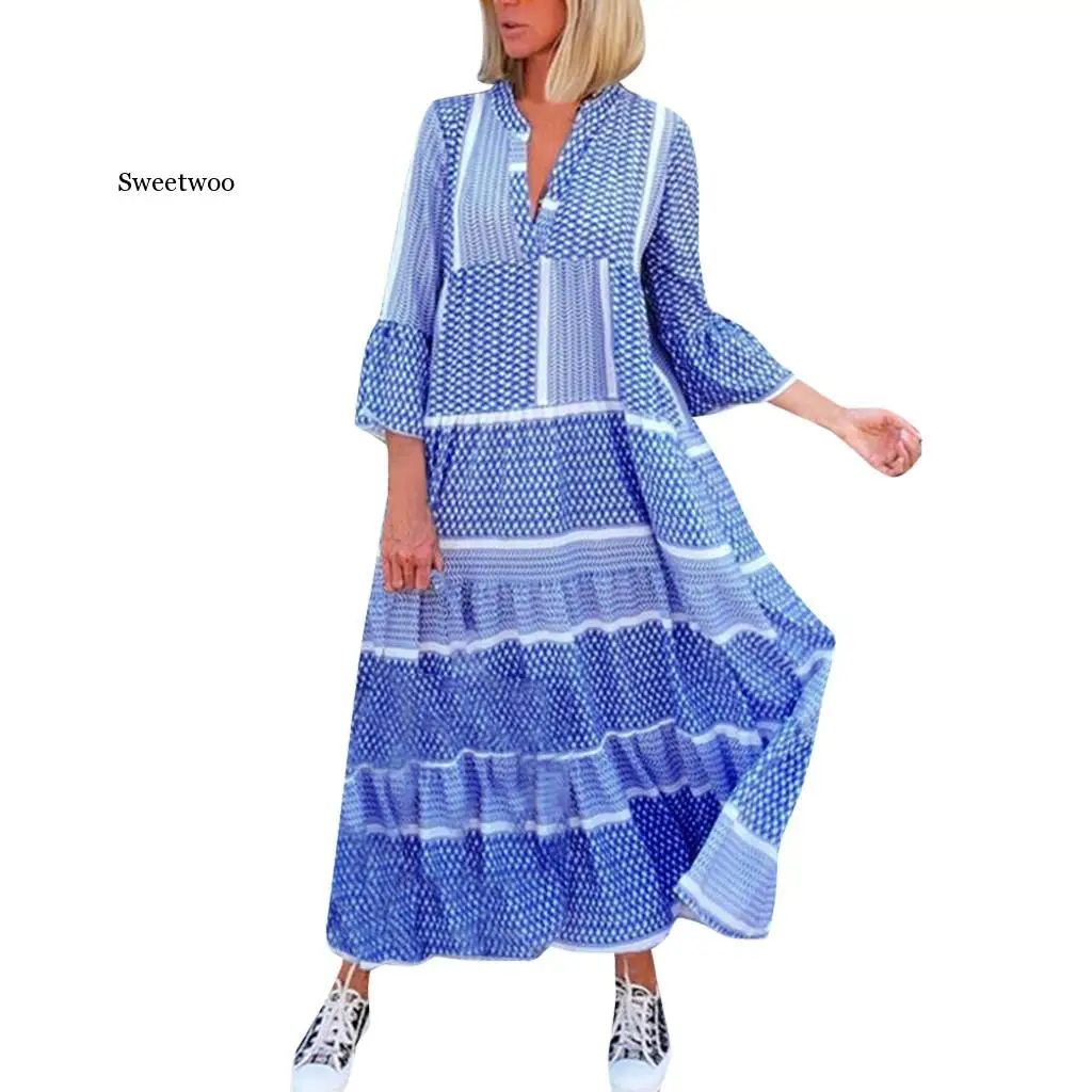 

Maxi Dress For Women Bohemian Printed Patchwork Long Sundress Ladies Three Quarter Sleeve Loose Ruffles Beach Vestidos