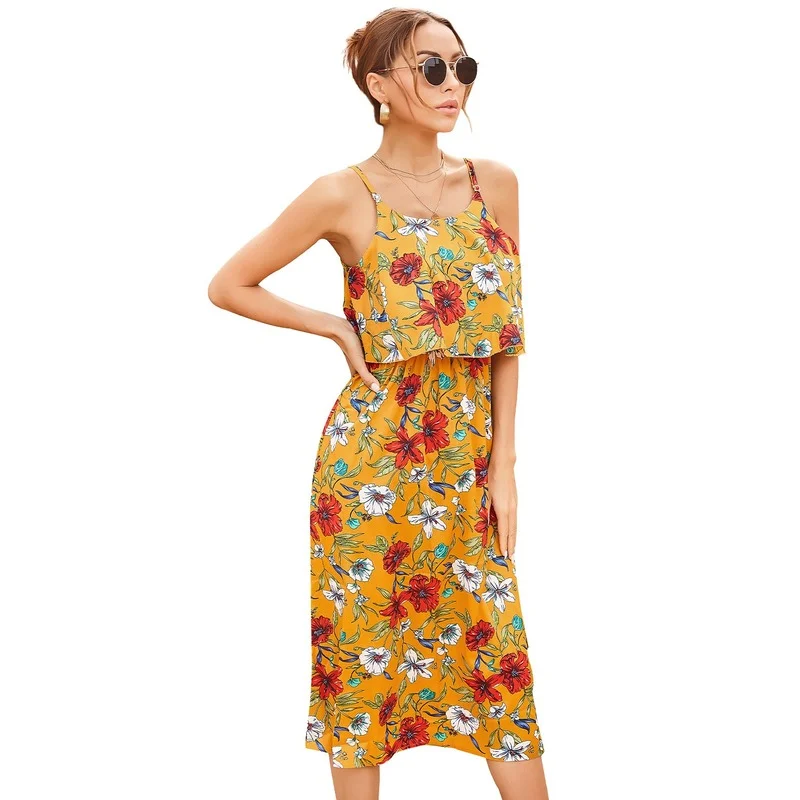 

Printed Flower Women Sling Dress Fashion Clothes Women 2021 Summer New Women's Fashion Sling Printed Dress for Holiday