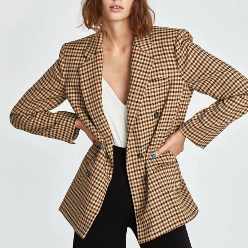 

Zoki Autumn Plaid Blazers Women Slim Double Breasted Tailored Coat Lady Suit Jackets Business Female Blazer Fashion New 2023