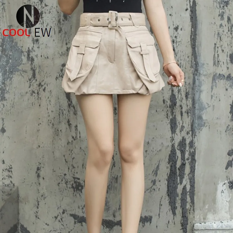 

Designer Genuine Leather Skirt Shorts Women Streetwear Sheepskin Work Skirt Shorts High Quality Personality Pocket A-Line Skirts