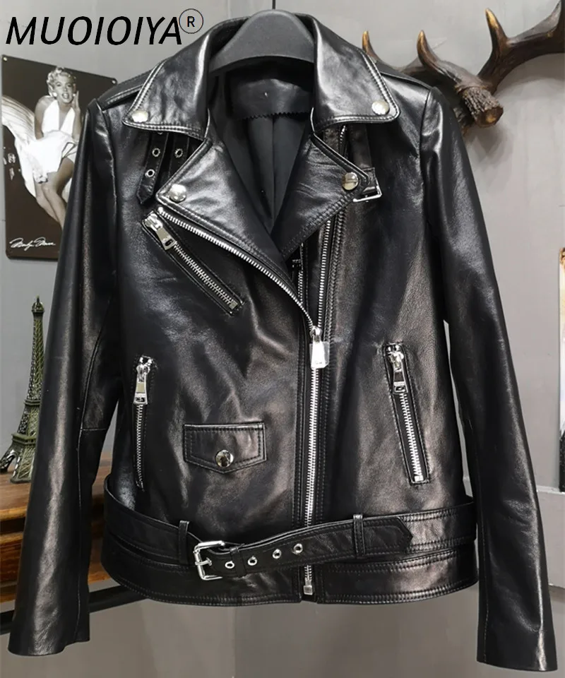 

Женская Байкерская кожаная куртка, Байкерская верхняя одежда из натуральной овечьей кожи, Осень-зима 2021