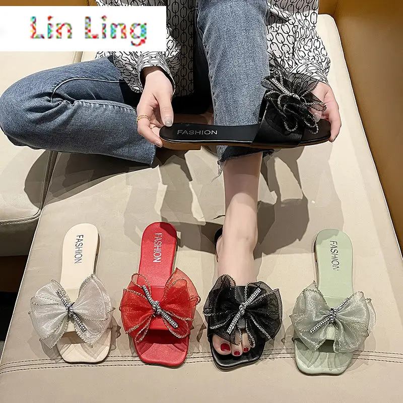 

Fairy Style Bowknot Rhinestone Slippers for Women 2021 Summer New All-Matching Outer Wear Flat Beach Shoes