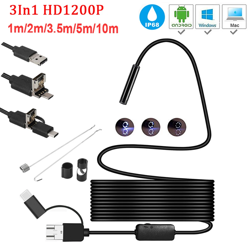 

Mini Camera Endoskop HD 1200P IP68 2M Fest Flexible Rohr Mirco USB Typ-C Endoskop Video Inspektion for Android Auto Endoskop
