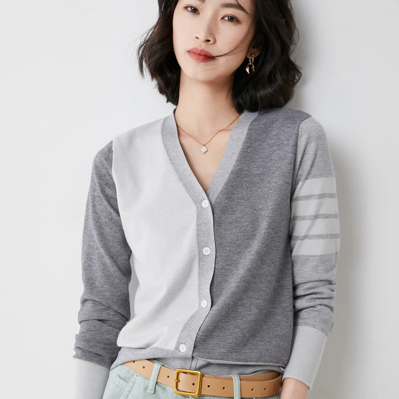 

2021 new women's cashmere cardigan V-neck TB spring summer contrast color splicing long sleeve casual cardigan