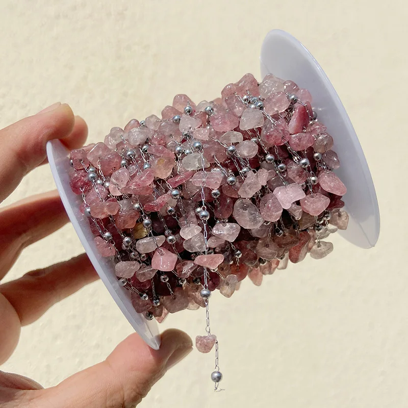 

Pink Strawberry Quartz Crystal Chain Beaded Stainless Steel Chain Charm for Handmade Jewelry Making Bracelet Necklace Accessory