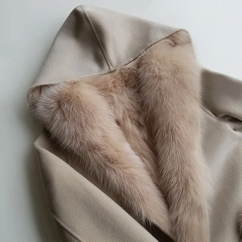 

Women's Winter Real Fox Fur Liner Jacket Thick Warm Coats Natural Fur Female Double-Sided Woolen Coat 2020 Elegant Middle Length