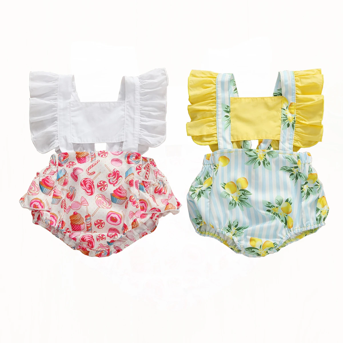 

0-24M New Summer Baby Girls Romper Candy/Lemon Print Ruffles Sleeve Backless Jumpsuits Cute Baby Girl Clothes