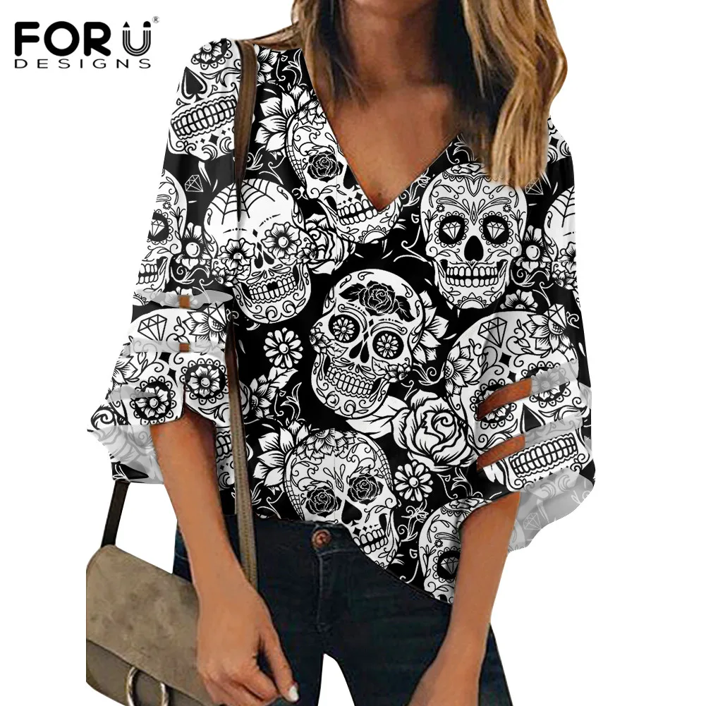 

Брендовая дизайнерская блузка FORUDESIGNS, рубашки 3/4, женские топы с рукавами «летучая мышь» и принтом в виде сахарного черепа, элегантные офисн...