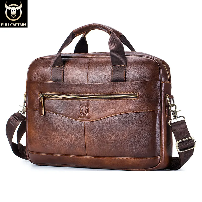 BULLCAPTAIN Briefcase shoulder Messenger Bags Men's genuine Leather 14-inch Laptop Bag's Men's Briefcase Office Business Handbag