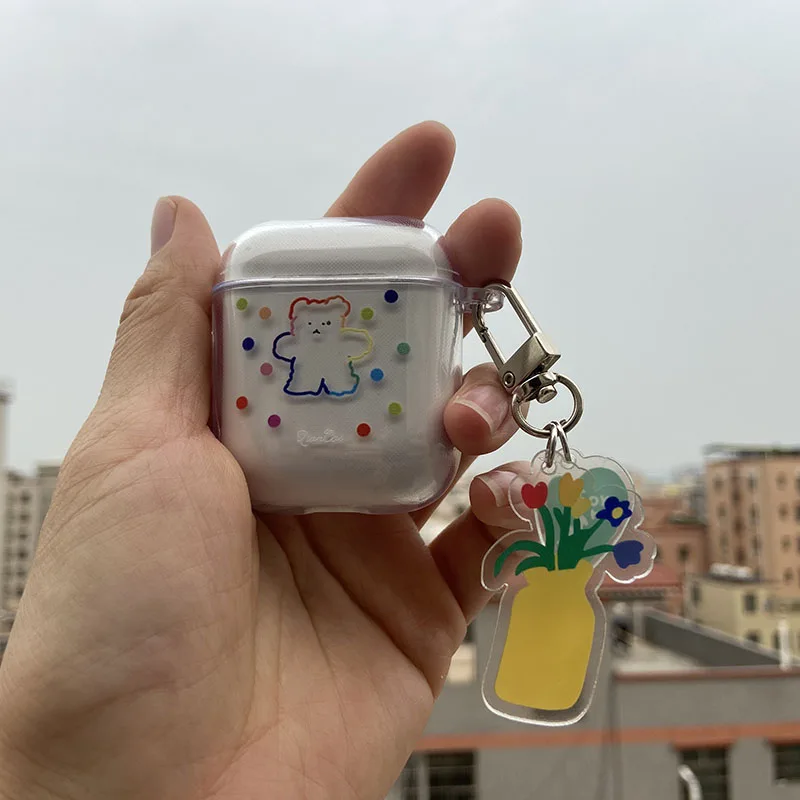 

For AirPod 2 1 Case Soft Silicone Transparent Clear Bear Earphone Cases For Apple Airpods Cover Funda Flower Vase Heart Keychain