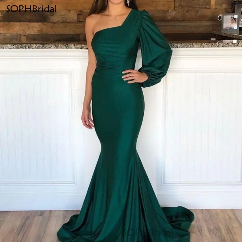 Одно плечо вечерние платья 2021 с длинным рукавом Русалка атласное платье для