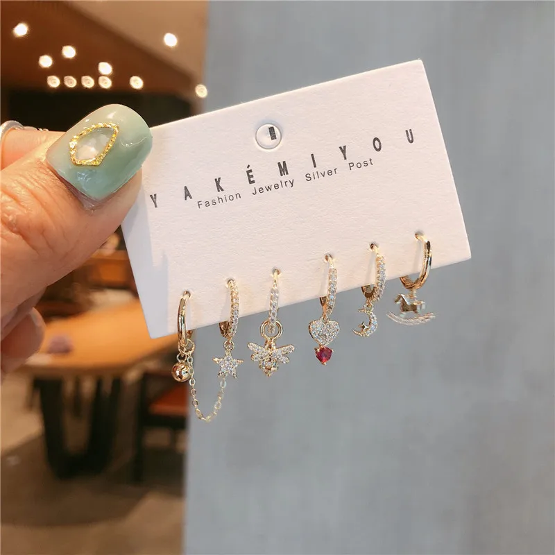 

New bee crescent Wood Horse temperament personality hoop Earrings 6-piece sets for women chain Earrings multi-piece sets