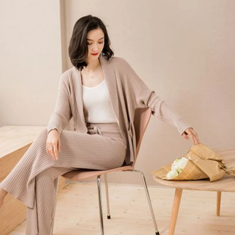 

Весна 2020, новинка, женский модный повседневный комплект в Корейском стиле, льняной вязаный кардиган, куртка с карманами, широкие брюки, женс...