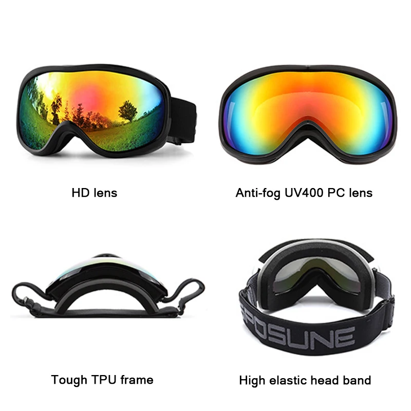 

HD Anti-glare Ski Glasses Broad Vision Skiing Eyewear Anti-Fog UV400 Protection Double-Layer Spherical Lenses Helmet Compatible