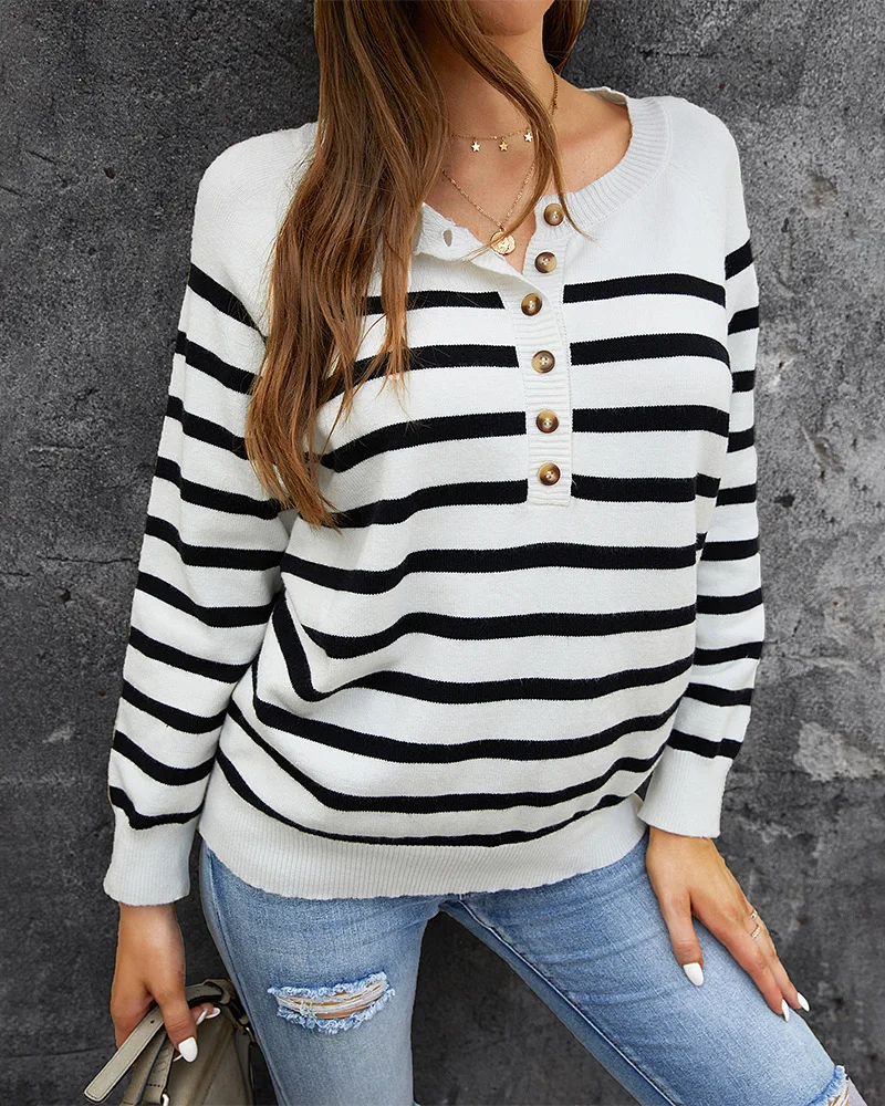 

JHBeute Women Clothes Korean Fashion Striped Top Winter Long-sleeved Bottoming Women Sweater White Dropshipping Autumn 2021