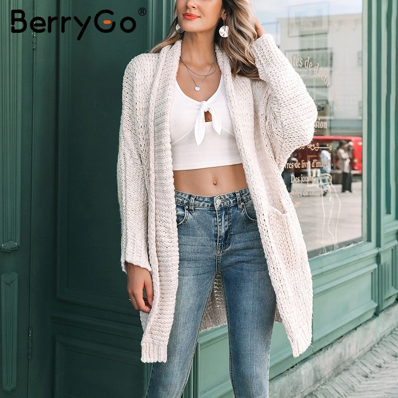 Женский длинный вязаный кардиган BerryGo повседневный Свободный размера плюс