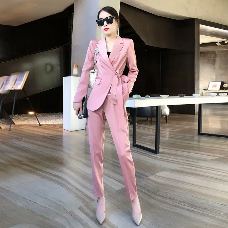 

Женский брючный костюм с поясом и высокой талией, однотонный облегающий костюм из двух предметов в Корейском стиле, 2021