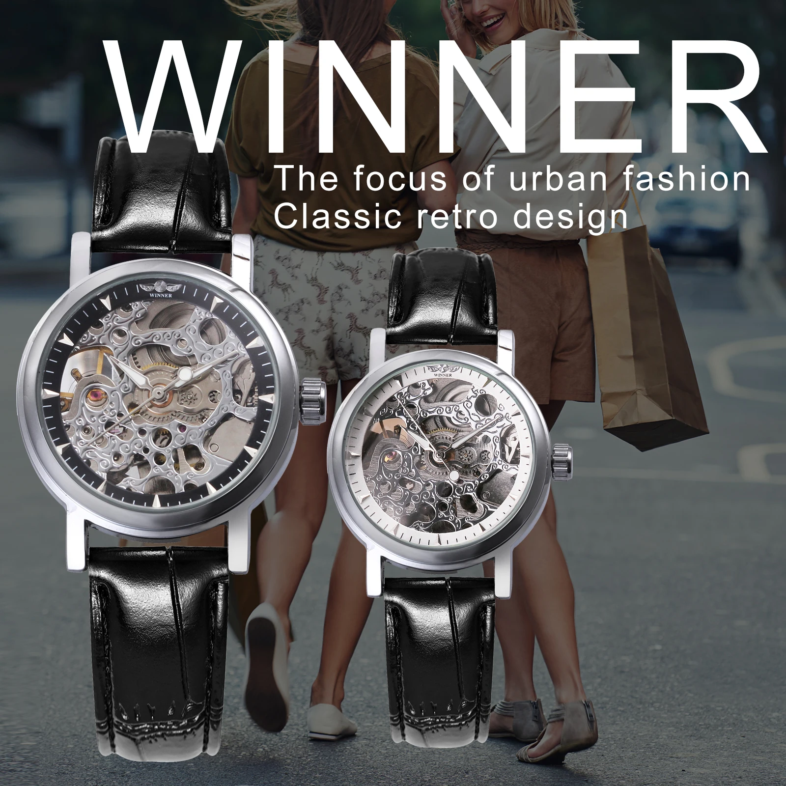 Часы наручные WINNER женские механические люксовые брендовые с кожаным ремешком