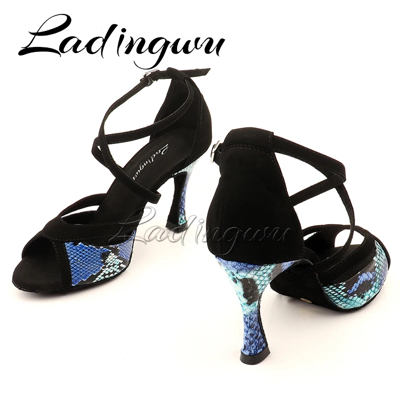 Женские туфли для латинских танцев Ladingwu черные замшевые и синие со змеиным