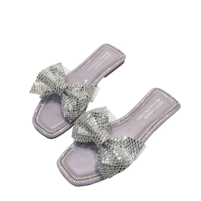 

NIUFUNI Summer Bow Rhinestone Women Slippers Ladies Outdoor Elegant Folds Sandals Slides Transparent Slip On Loafer Flat Shoes