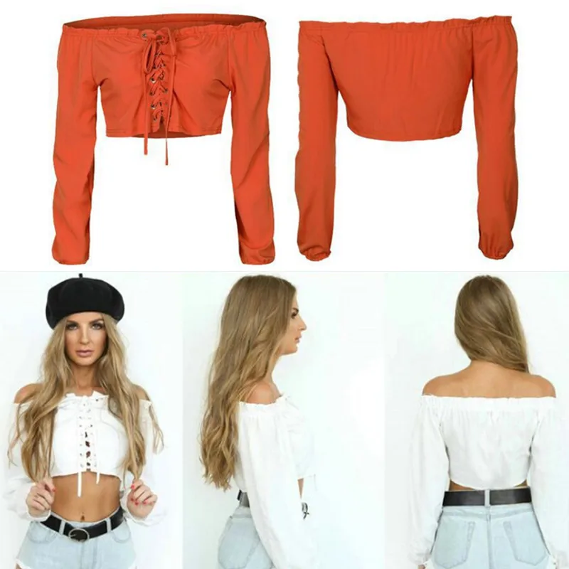 

Women Crop Tops Sexy Off Shoulder Slash Neck Women Blouse Ruffle Lace Up Long Sleeve White Crop Top Women Bandage Short blusas