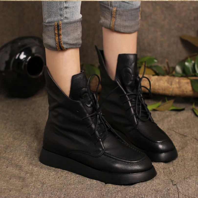 Зимние черные ботинки из натуральной коровьей кожи женская Винтажная обувь на