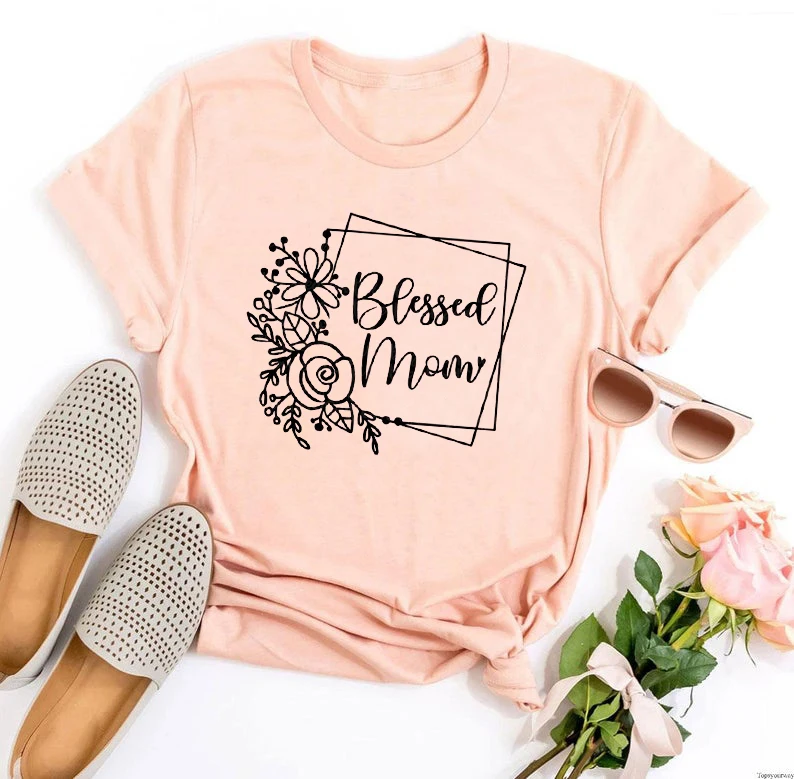 

Blessed Mom Graphic T Shirts Kawaii 2021 Mothers Day Clothes Women Plus Size Mommy Graphic Tee Letter Summer Pink