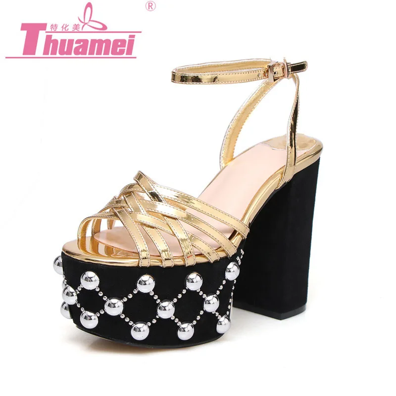 

Woman Golden Silver Metal High Platform Peep Toe Sandal Chunky Heel Crystal Studded Slingback Hollow Ankle Buckle Strap Sandals