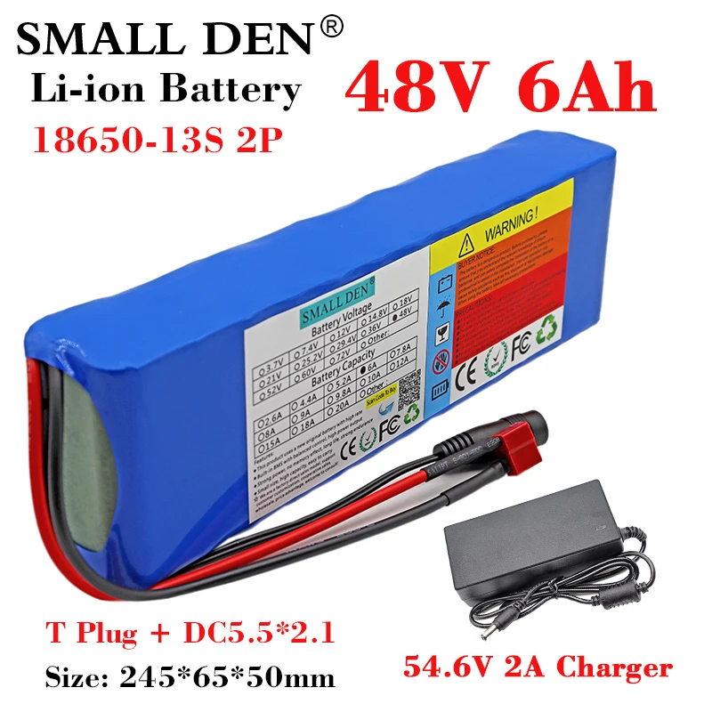 

48v 6Ah 18650 li-ion battery pack 13S2P 500-800W High Power 54.6V Electric bicycle scooter ebike battery with 15A BMS+2A Charger