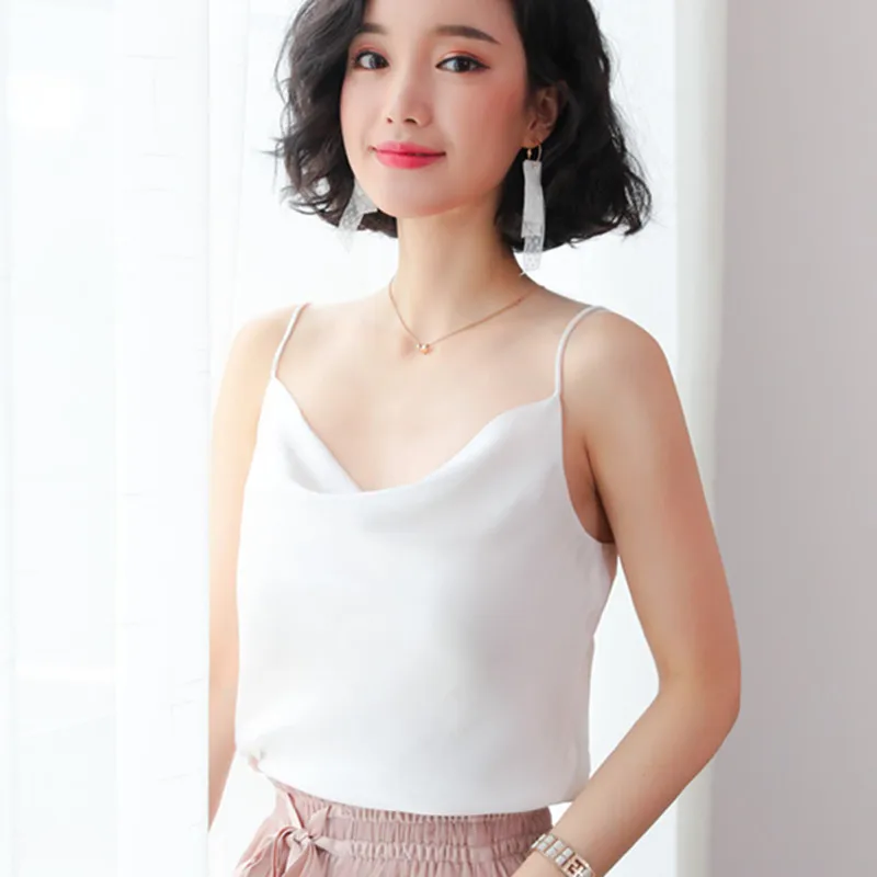 

2021 Fashion Silk Women Tops Tees Woman Satin Tank Top Women V Neck Solid Tanks Camis White Crop Top Elegant Woman Tank Top OL