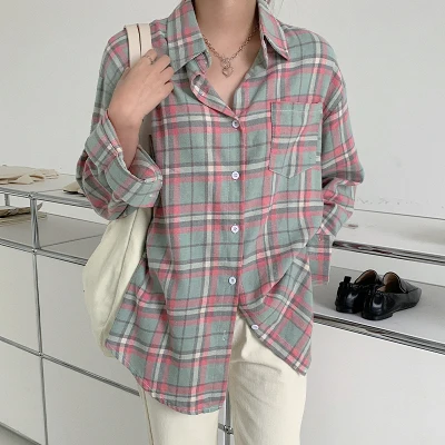 Женская винтажная рубашка в клетку универсальная простая Свободная уличном