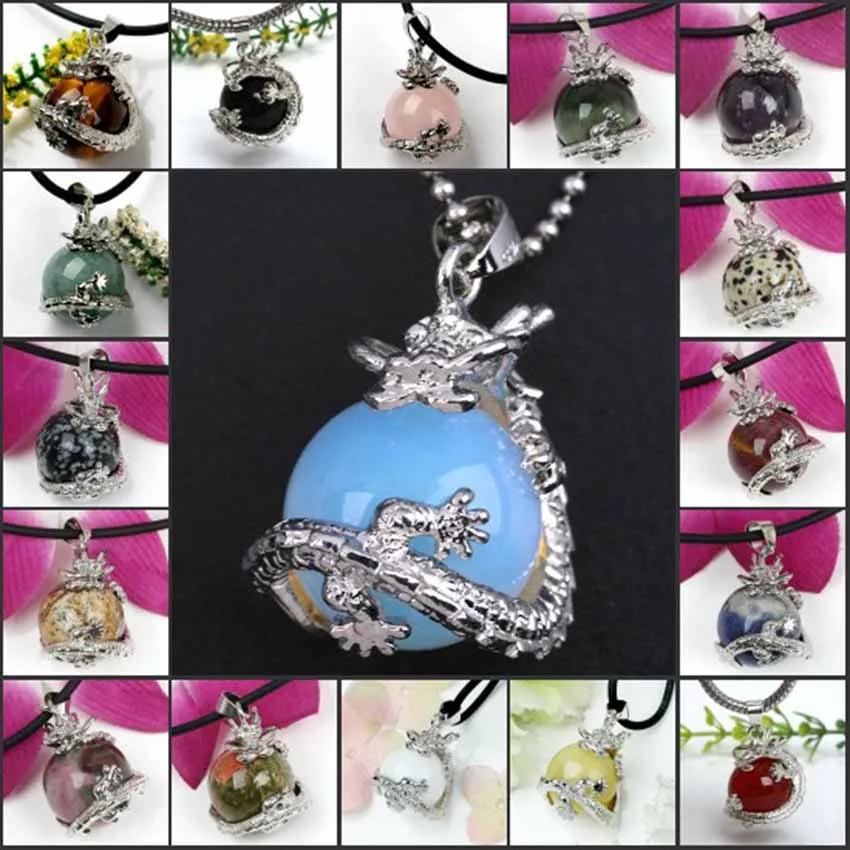 

KFT Natural Stone Wrap Chinese Dragon Healing Crystal Quartz Reiki Chakra Round Beads Pendant Jewelry For Women Men Gift