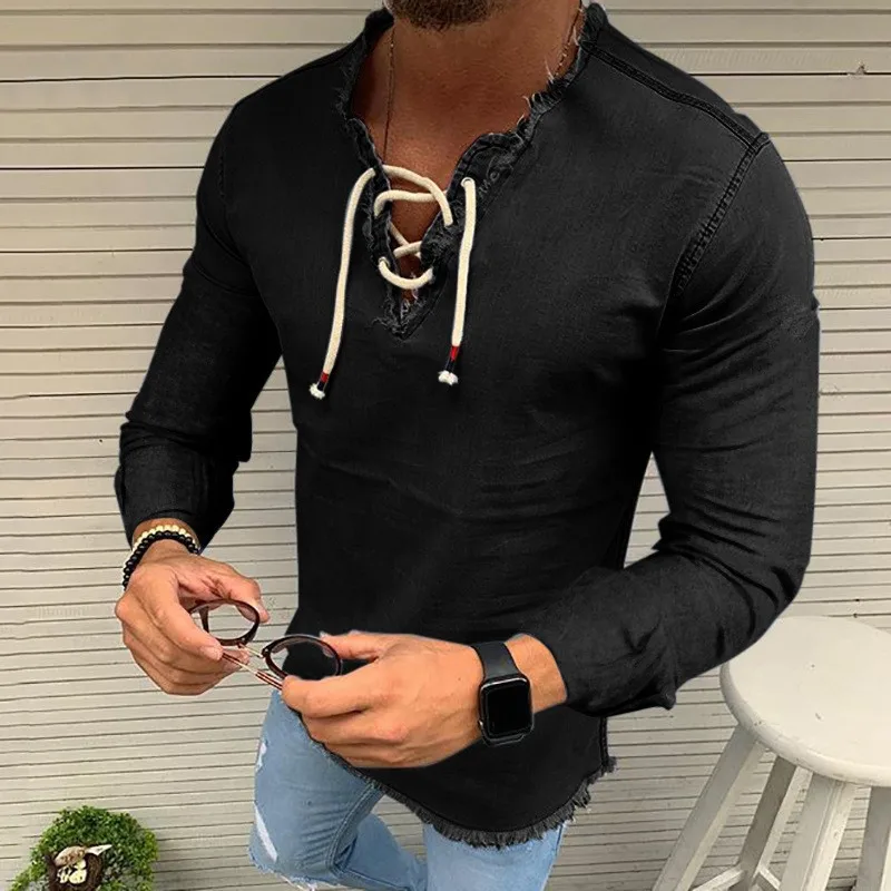 

Men's 2021 summer new western jeans shirt men's lace up tassel jeans t-shirt men's casual top